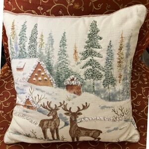 Balsam & Fir Trading Co Throw Pillow Embroidered Winter Landscape Deer